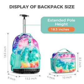 Choco Mocha Rolling Backpack for Girls, 18 Inch Roller Backpack for Middle School Bookbag with Wheels for Teen Girl, Tie Dye Rolling Backpacks for Girls 8-12 with Lunch Bag Set, Colorful