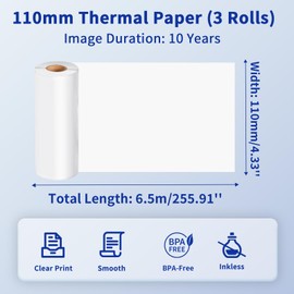 Phomemo 110mm Thermal Printer Paper 3 Rolls, Compatible with M832 M834 M835 M04S M04AS Portable Label Printer, White Thermal Paper Rolls for Photo/Study Notes/to do List, 4.33in x 255.9in