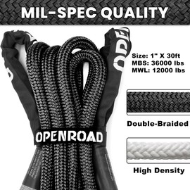 OPENROAD Kinetic Recovery Tow Rope, 36000 Lbs (1in x 30ft with Soft Shackle) Extreme Duty 35% Elasticity Energy Offroad Snatch Strap, Vehicle Recovery Kit for Jeep Car Truck ATV UTV SUV