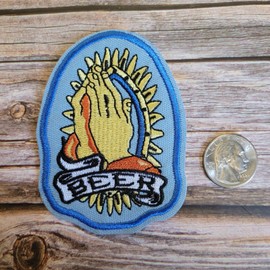 Praying Hands Beer Party Saint Funny Religious Embroidered Iron On Patch