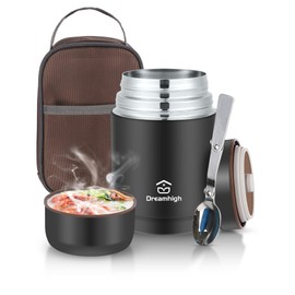 Dreamhigh® Thermos Food Flask, 800ml, Soup Flask with Spoon, Stainless Steel Vacuum Insulated Food Container, Leak-Proof, with Carrying Bag, Keep Hot/ Cold for 12 Hours (Black)