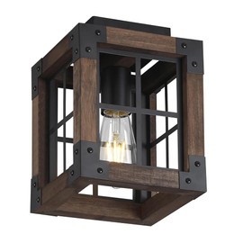 SEEBLEN Farmhouse Ceiling Light 1 Light Wood and Metal Cage Semi Flush Mount Ceiling Light for Hallway Kitchen Sink,Industrial Ceiling E27 Base.