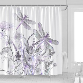 UOZXOML Dragonfly Floral Shower Curtain Wildflower Dragonflies Flower Blooms Branch Leaves Sage Spring Summer Botanical Vintage Abstract Fabric Bathroom Decor Curtains with Hooks,70 x 70