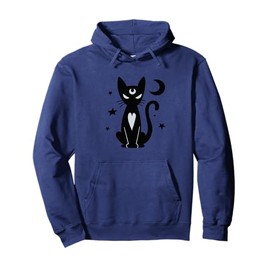 Gothic Witchy Black Cat with Moon Mystical Stars Night Art Pullover Hoodie