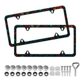 Glass Floral License Plate Frame - Unobstructed Narrow-Edge 2 Packs Universal Stainless Steel Car License Plate Frames Holder Solid Holder with 4 Holes Rustproof for Men Women