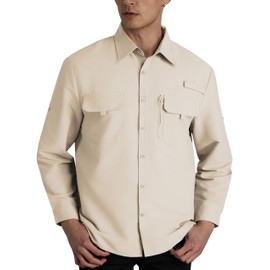WULFUL Men's Sun Protection Fishing Shirts UPF 50+ UV Lightweight Quick Dry Cooling Button Down Shirts for Work Hiking Safari Khaki