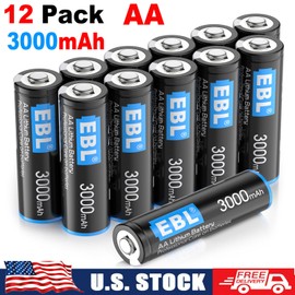 EBL 12Pcs EBL 3000mAh 1.5V AA Lithium Batteries Constant Volt Double A Battery+ Case
