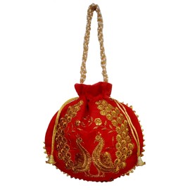 Purpledip Silk Potli Bag (Clutch, Drawstring Purse): Intricate Gold Thread & Sequin Peacock Embroidery Satchel For Women, Red (11474)