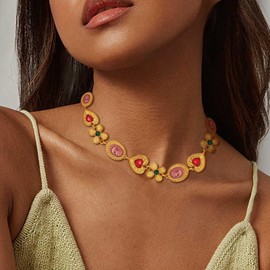 BONJOULRY Statement Necklace for Women Chunky Choker Necklace Vintage Pink Cameo Heart Flower Charm Colorful Gold Plated Chain Necklace Non-Tranish Renaissance Jewelry