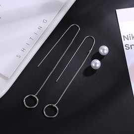 TseenYi Long Chian Tassel Threader Earrings Pearl Threader Earrings Silver Circle Dangle Drop Earrings Jewelry for Women and Girls Gifts