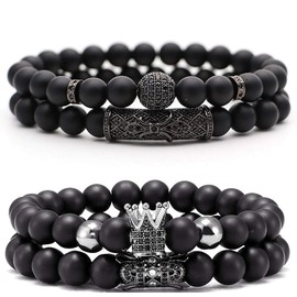 JEWPARK 4 Pcs Crown King Bracelets for Men Black Matte Onyx Cool Natural Stone Bracelets Set, Large, Stone, obsidian