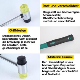 Gummihammer Klein, Schonhammer 25mm, Camping Hammer, Simplex Hammer, Gummihammer Pflasterhammer, Kunststoffhammer, Doppelkopfhammer mit Rutschfestem Gummigriff für Holz, Kunststoff, Leder