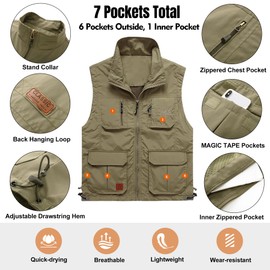 Flygo Men's Lightweight Outdoor Travel Work Fishing Vest With Multi-Pockets (02 Khaki-Medium)