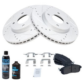 TRQ Front Performance Brake Pad & Rotor Kit Brake Chemical Kit Brake Pads Brake Rotors Set Semi-Metallic Premium G-Coated Compatible with 2009-2014 Nissan Cube 2007-2012 Sentra Versa