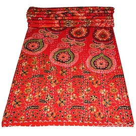 YUVANCRAFTS Indian Vintage Kantha Quilt Traditional Mandala Print Kantha Quilt Bedspreads Throw Blanket (Red, Twin Size)