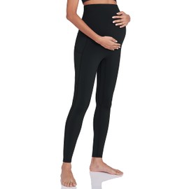Enerful Women's Maternity Workout Leggings Over The Belly Pregnancy Active Wear Athletic Yoga Pants with Pockets 2PCS Black Large