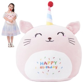 16 Inch Plush Birthday Cat Kitty Stuffed Animal Happy Birthday Cat Hugging Pillow Birthday Cat Plushies Throw Pillow Birthday Pink Cat Kitten Anime Gift for Kids and Lovers