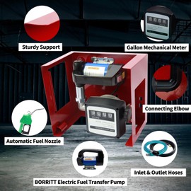 BORRITT 12V 175W Diesel Transfer Pump,Electric Fuel Transfer Pump & flowmeter 12 GPM Self-Priming Pump & AUTO Fuel Nozzle & 2 Hoses NPT Threads Fitting