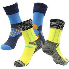 RANDY SUN Water Proof Skiing Socks, Women's Non-Binding Stay Active Extinguishing Winter Mountain Biking Hiking Running Socks For Runners Skiers Firefighters(2 Pairs Midcalf Blue&Yellow XS)