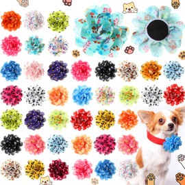 Huhumy 50 Pieces Paw Print Dog Collar Flowers Bulk Dog Paw Print Charms Grooming Accessories Bow Tie Flower for Pets Cat Collar Attachment Embellishment