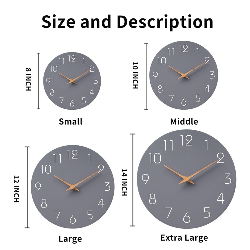 Mosewa Wall Clock 14 Inch Gray Battery Operated Silent Non