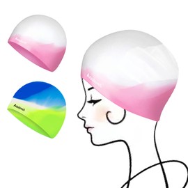 Aouloves 2 Pack Kids Swim Cap for Boys Girls, Unisex Silicone Swimming Caps for 4-12 Toddler Children Teen, Comfortable Fit for Long Hair and Short Hair