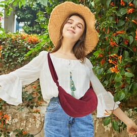 Uwiyo Half Moon Bag Women's Cord Crossbody Moon Bag Hobo Halfmoon Bag Half Moon Shoulder Bag Dumpling Shoulder Bag with Adjustable Strap for Women Girls, burgundy