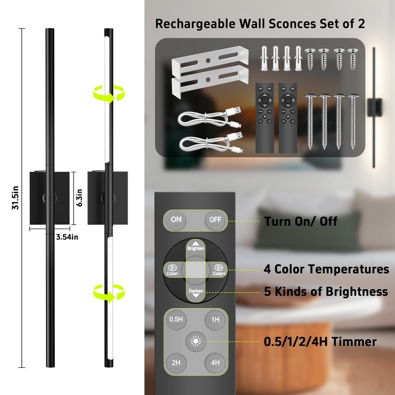iThird Battery Operated Wall Sconces Set of 2: 10000mAh Rechargeable