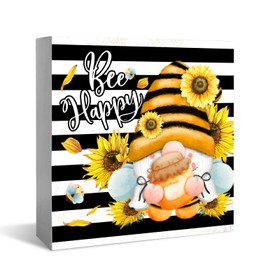 XDFVL Sunflower Gnome, Table Decor Wood Box Sign Desk Decor, Bee Happy, Bee Gnome Decor, Sunflower Decor for Kitchen, Gnomes Decorations for Home 5 x 5 Inches