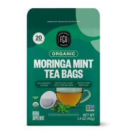FGO Organic Moringa Mint Tea, 20 Count, Eco-Conscious Herbal Tea Bags, Resealable Bag, Caffeine Free, Packaging May Vary (Pack of 1)