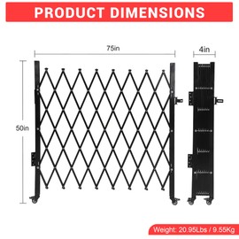 Single Folding Security Gate, 50" h x 75" w Flexible Expanding Security Gate, Aluminum Expandable Fence Portable Safety Barrier with Casters, 360°Rolling Barricade Gate