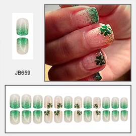 St. Patrick's Day Press on Nails Short Square Fake Nails with Shamrock Designs Gold Green Glitter French Tip False Nails Full Cover Stick on Nails Acrylic Artificial Nails for Women Glue on Nails