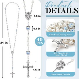 ROCEEI 40 Pcs Catholic Glass Pearl Beads Rosary Necklace 6 mm Beaded Cross Necklace with Crucifix and Rosary for Women (White)