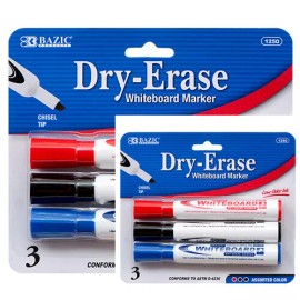 BAZIC Assorted Color Chisel Tip Dry-Erase Markers (3/Pack) 2 Pack, Total 6 Pcs