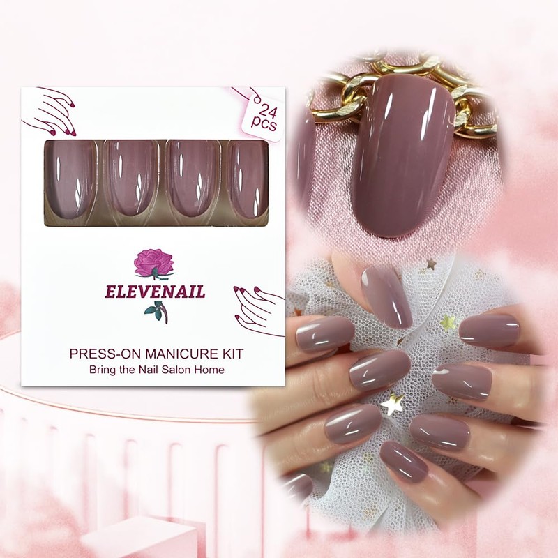 Medium Length Glossy Oval Fake Nails Light Purple Grey Press
