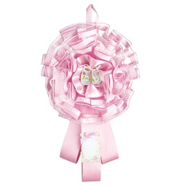 Birth Tulle Bow Decorated with Polka Dot Ribbon, Satin Ribbons, Appliqué of Resin and Cardboard Parchment for Writing Name and Date Pink Shoes