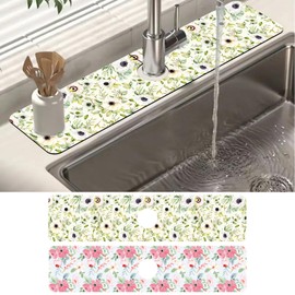 2 Pack Watercolor Floral Sink Faucet Absorbing Mat White Pink Flowers Super Absorbent Fast Drying Mat Sink Gadgets Behind Faucet Sinkmat for Kitchen Bathroom, 23.5"x5.5"