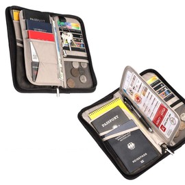 RFID Blocking Passport Wallet, RUMANLE Family Travel Passport Holder Bag Waterproof Card Organiser with Hand Strap Zip,Ticket Cash Coins Holder Case for Outdoor Sporting Traveling - Black