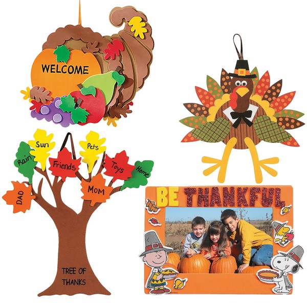 Craft Kits Thanksgiving & Autumn | Peanuts Be Thankful Picture Frame Magnet Kit, Foam Cornucopia Door Sign Kit, Turkey Making Kit & "Tree of Thanks" Kit | Kids Family Holiday Activities Gift Set