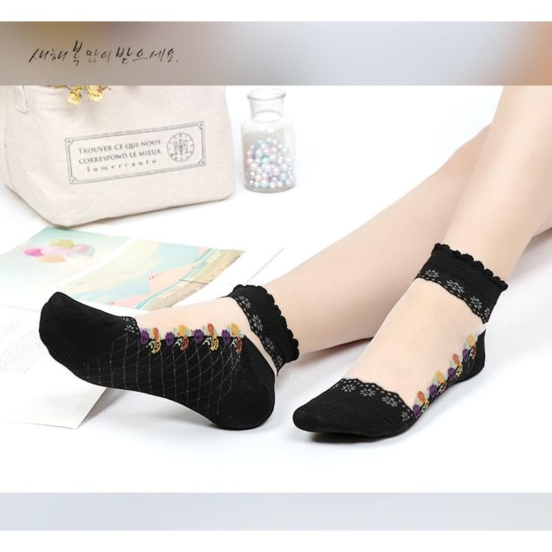[Feiyda] 靴下 レディース 透明 花柄 ソックス 薄手 春夏用 綿底 通気性