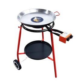 ZENDEU Andreu Paella Pan Set - 12 Servings - 18 inch (46 cm) Carbon Steeel Paella Pan + Double Ring Propane Gas Burner mod. 400 + Stand with wheel and tray