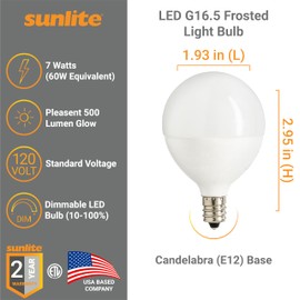 Sunlite G16.5 Light Bulb LED, 7 Watts (60W Equiv.), 500 Lumens, Dimmable, Type G Globe Shape E12 Candelabra Base, Short Bulbs, Vanity Mirror Bulbs, Energy Star, 4000K Cool White, Frosted, 6 Count