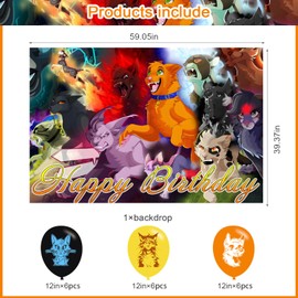 PINUO Warriors Cats Birthday Party Backdrop 5x3, Orange, Black, White, Fantasy Cat Theme, Indoor Use, 18pcs Balloons, Wall Mount, Rectangular Banner