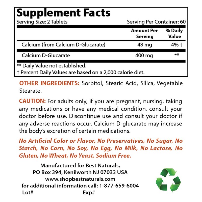 Best Naturals Calcium D-Glucarate 200 mg 120 Tablets