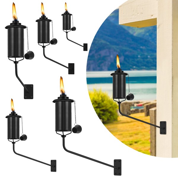 FAN-Torches Wall Mounted Citronella Torches Set of 6, 16 oz Garden Torches for Outside, Refillable Flame Light Torch, Outdoor Metal Torch for Yard, Patio, Deck, Garden, Party, Landscape