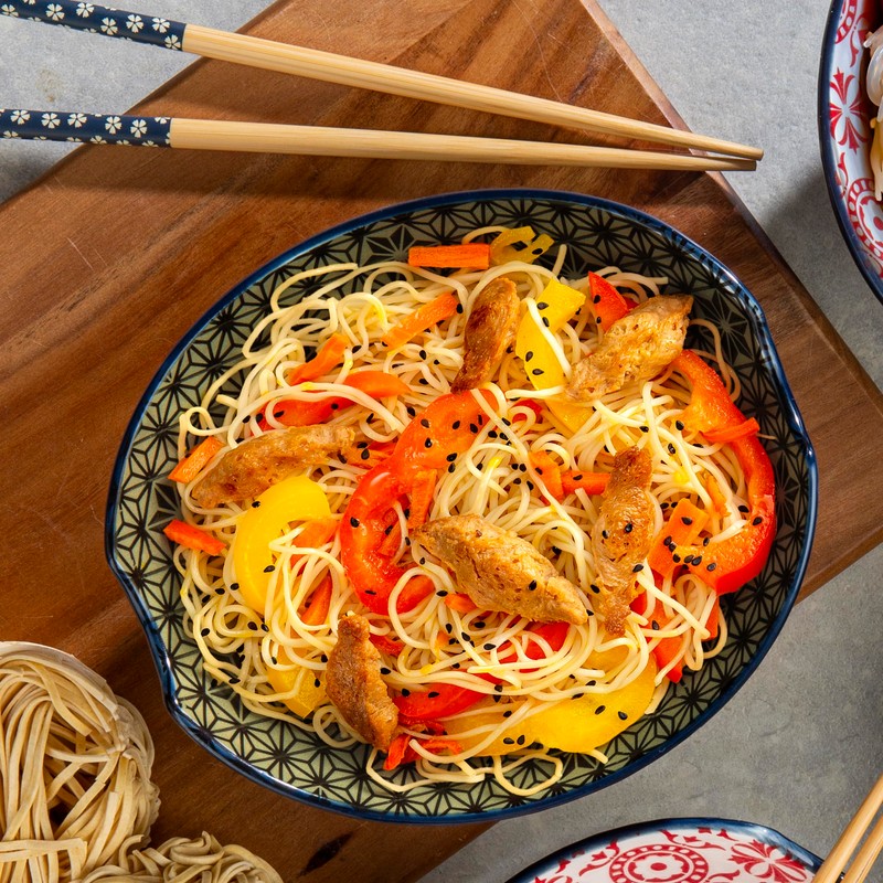 Signature Housewares Pad Print Blue/Black Ceramic Oval Noodle Bowl with