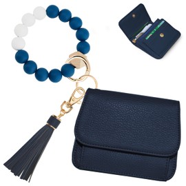 Sunpour Keychain Wallet RFID Wristlet Wallets for Women,Small Wallets Woman Key Chain Wallet with Coin Pocket and Id Window(Navy Blue)