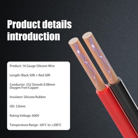 16 Gauge Wire 100% Copper Silicone Wire 50FT Black + 50FT Red, Flexible 16 AWG Stranded Electrical Wire for Automotive, Battery, UAV, Motor, Solar | Rated 600V 200℃