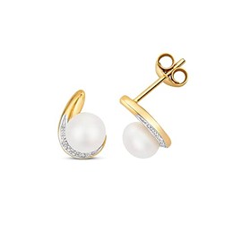 Elegant 9ct Gold Ladies Diamond Stud Earrings Brilliant Cut H - PK with Freshwater Cultured Pearl - 10mm*7mm WJS35359