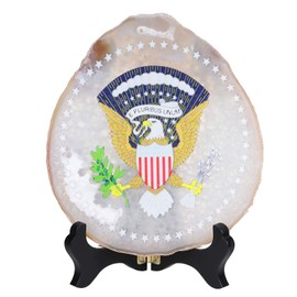 Rockcloud United States President Badge Agate Slab Display with Wooden Stand Irregular Shape Agate Slice Stone Home Office Desk Ornament, 3.9"-4.7"